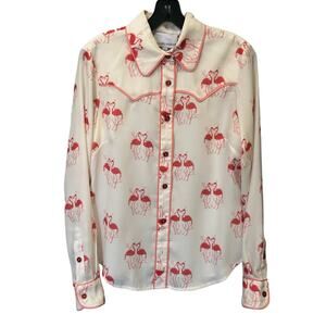 NWD Gilner Farrar White Flamingo Print Long Sleeve Button Up Farah Top Small